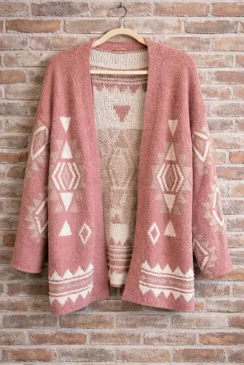 New In Mauve Pink Aztec Geometric Open Front Fuzzy Cardigan - Picture 2 of 8